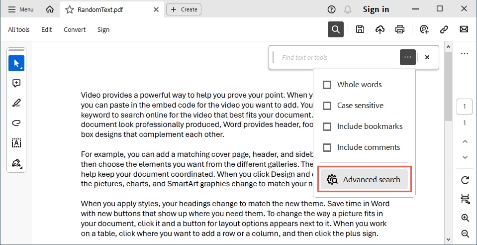 Adobe Advanced Search in the filter list