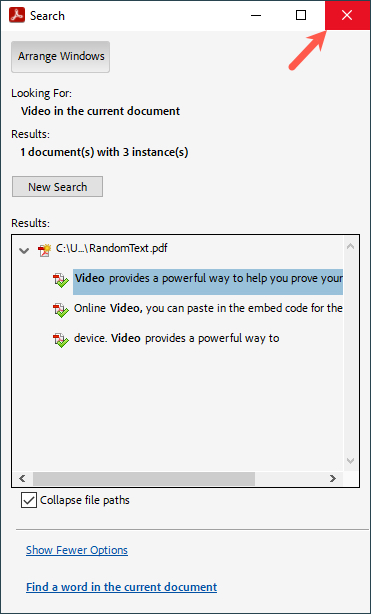 X to close the Adobe Search window