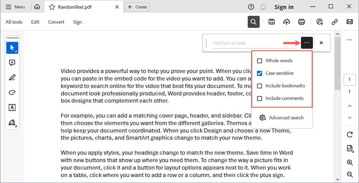Adobe Find box filters
