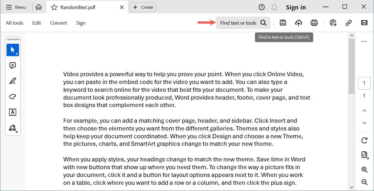Adobe Find Text and Tools box