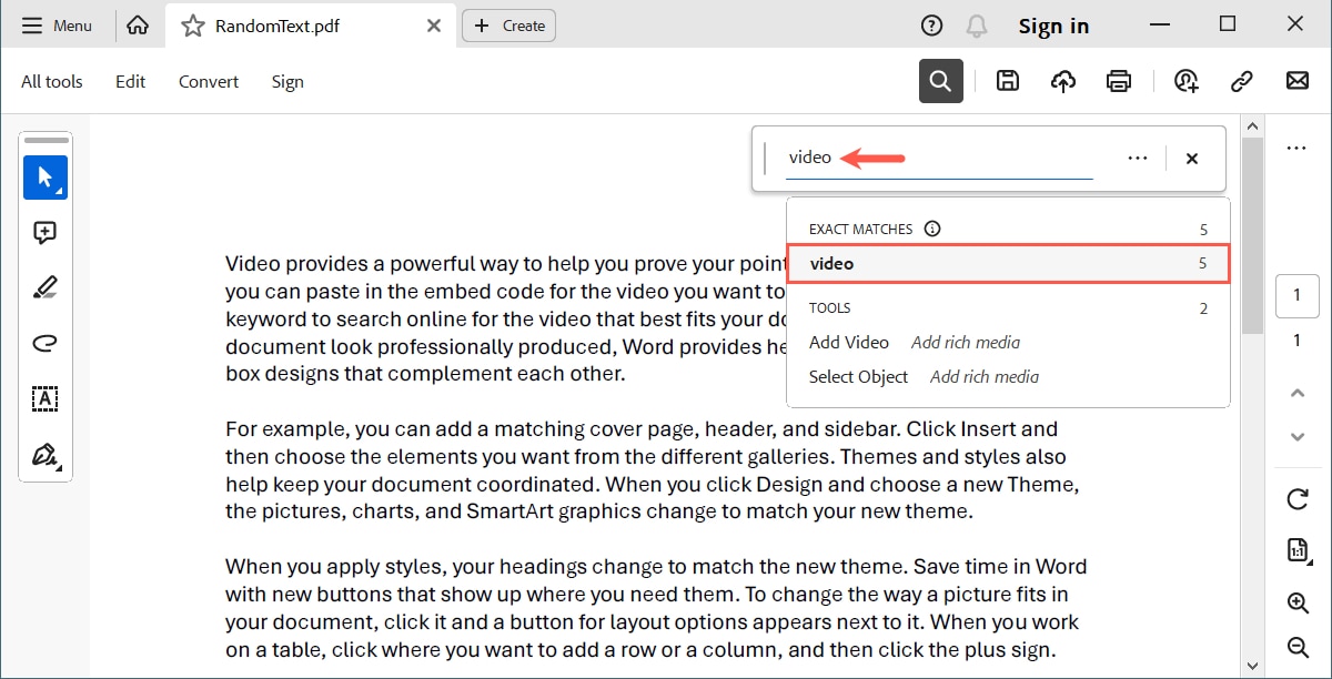 Adobe Find list of matches