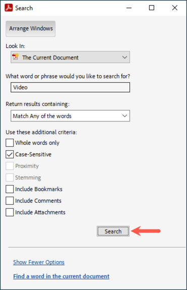 Adobe Search window filters