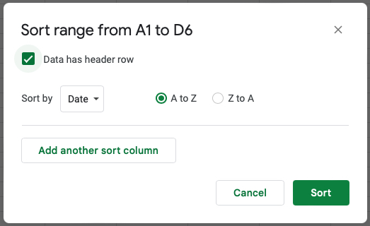 Advanced Range Sorting window in Google Sheets