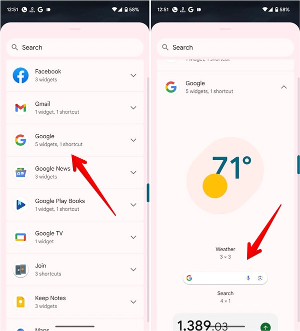 Adding Google widget to Android home screen.