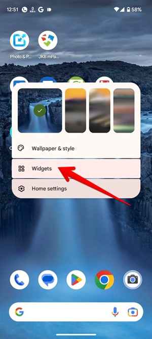 Selecting "Widgets" after long-pressing on home screen on Android.
