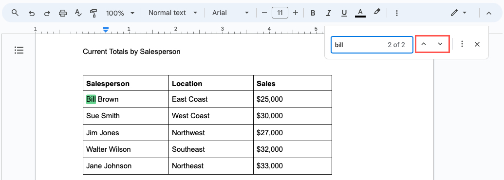 Arrows to view results in the Find tool in Google Docs on the web