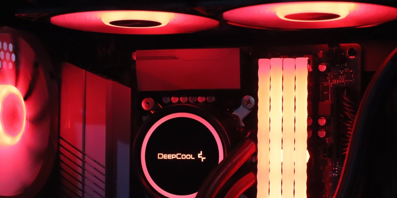 Close up of RAM installed in a PC in red lighting