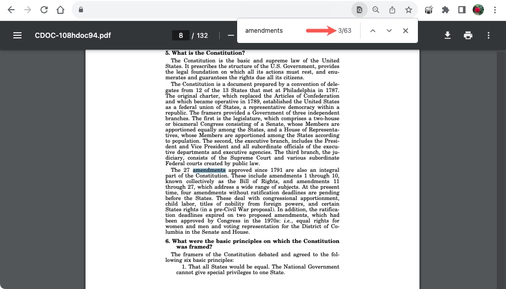 Chrome Find box with results