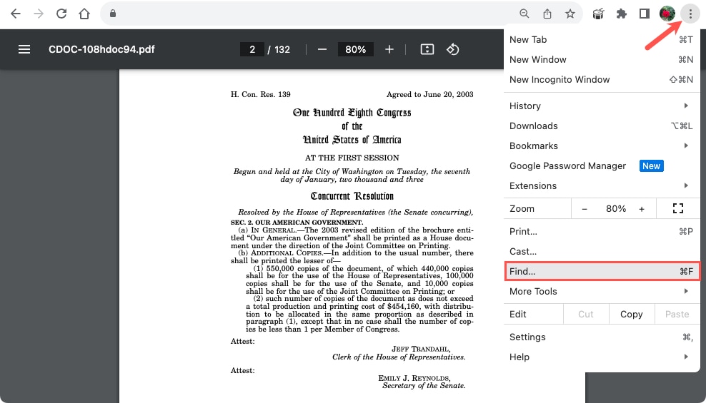 Find in the Chrome menu