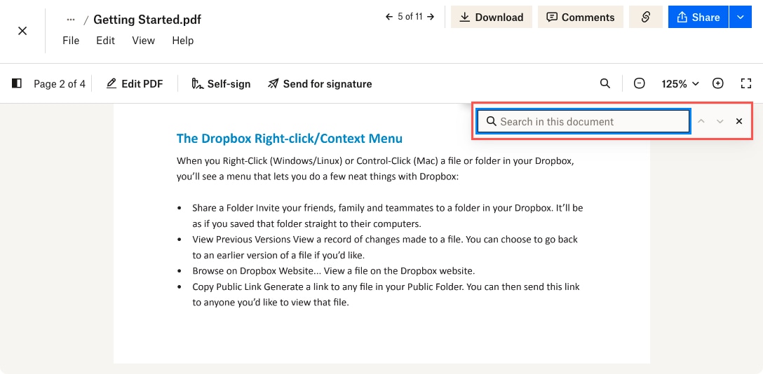 Dropbox Search This Document box
