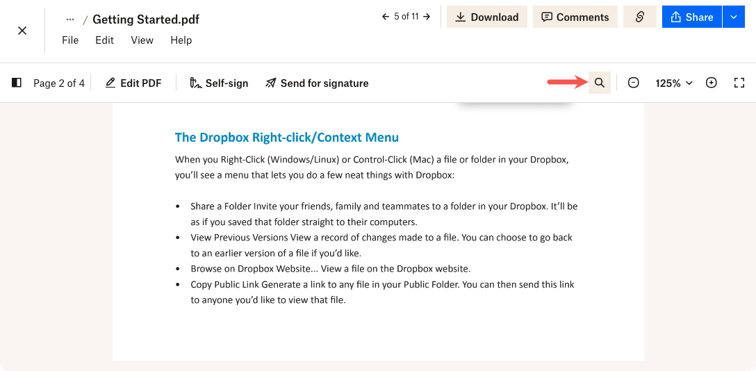 Dropbox Search icon in toolbar