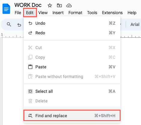 Find and Replace in the Google Docs Edit menu