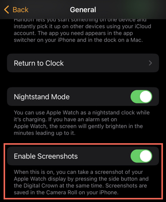 Enable Screenshots in the Watch app on iPhone
