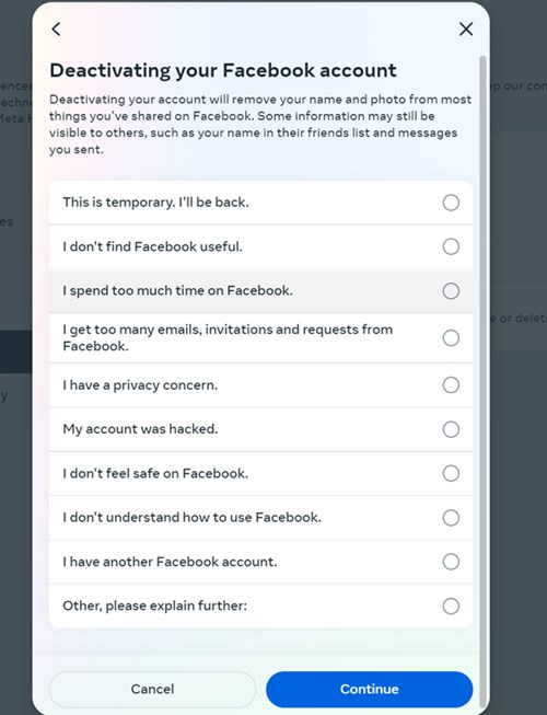 Facebook Deactivate Reasons