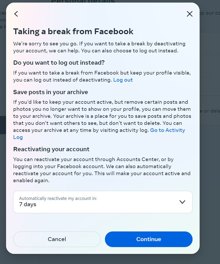 Facebook Deactivate Reactivate