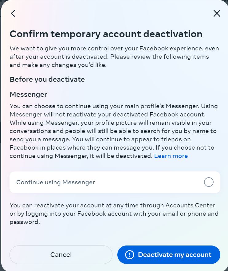 Facebook Deactivate My Account