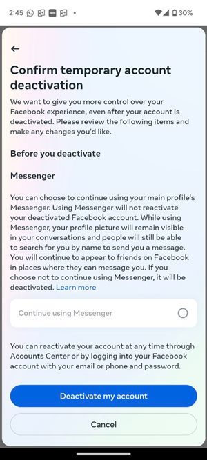 Facebook Mobile Deactivate Confirm