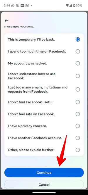 Facebook Mobile Deactivate Reason