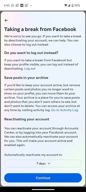 Facebook Mobile Reactivate Time