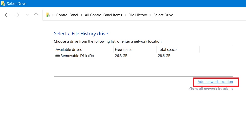 Adding network location in File History.