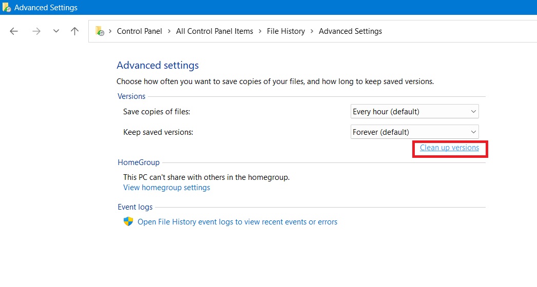 Clicking "Clean up versions" in File History.