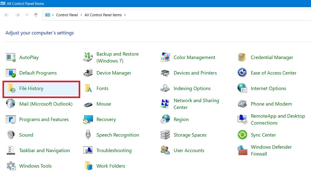 Opening File History in Control Panel