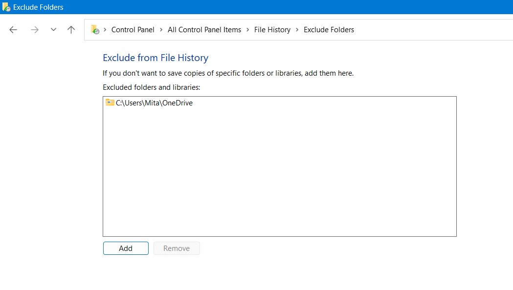 File History excluded folders and libraries.