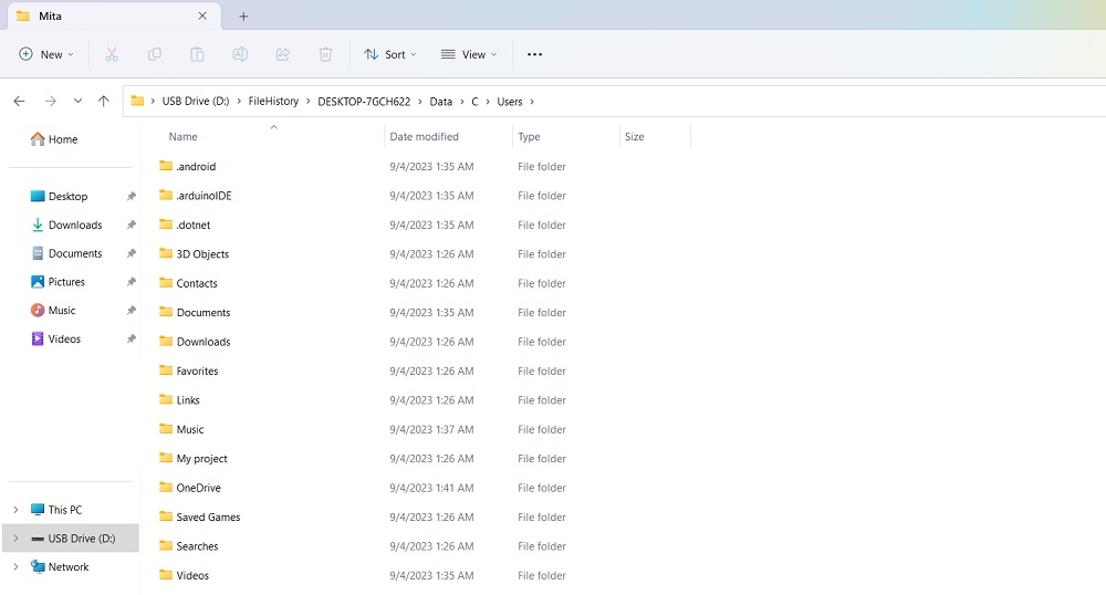List of files and folders being saved in File History in a USB drive.