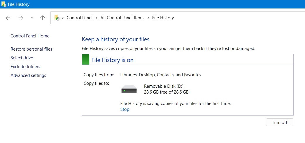 File History is turned on and active in Windows 11.