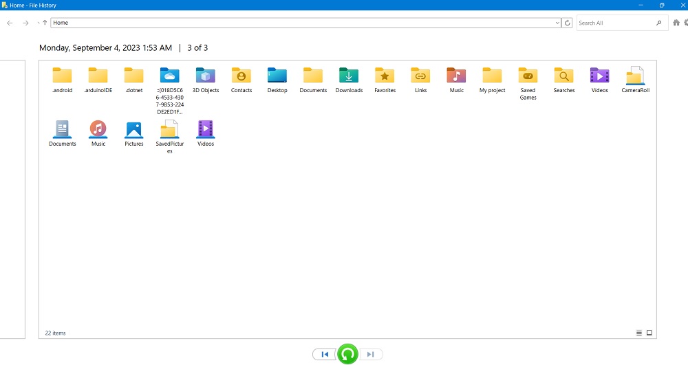 File Version restore screen showing 3 different file version backups.