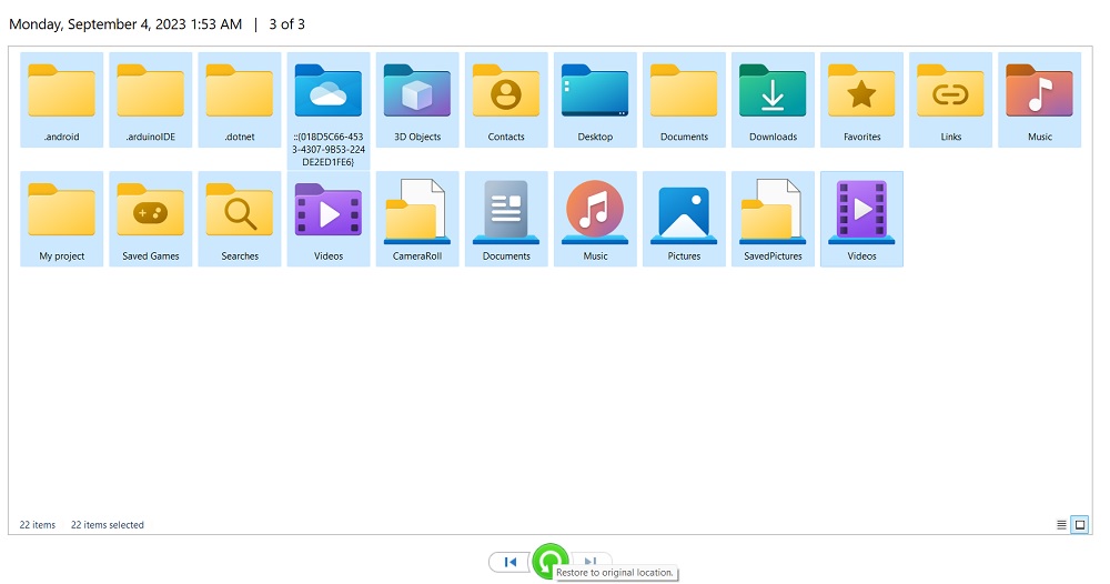 Restoring files to original location in File History.