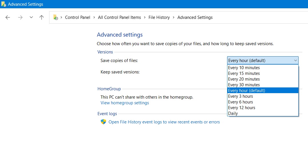 Saving copies of files according to various minutes and hour schedules in File History tool.