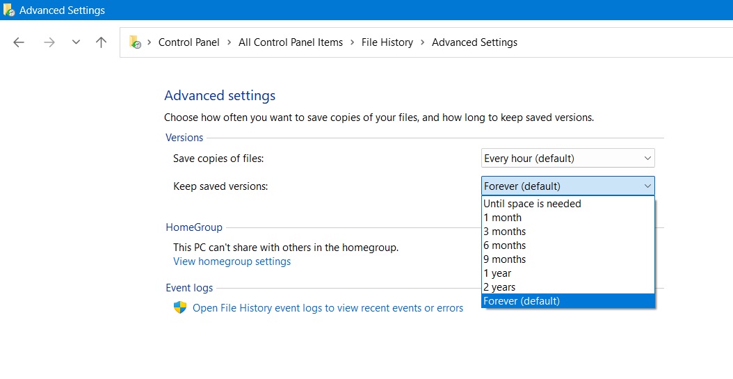 Keep saved versions of File History backups from the default "Forever" to several months and years.