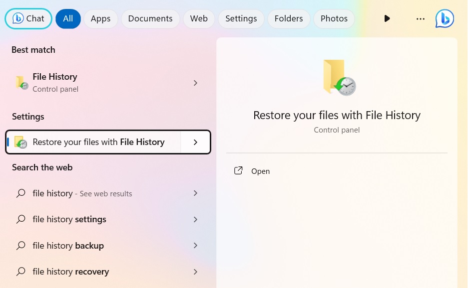 Searching for "Restore your files with File History."