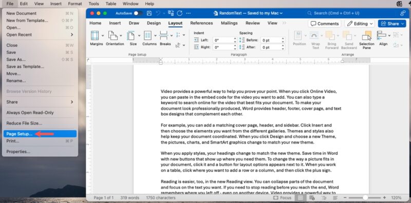 File, Page Setup in Word on Mac