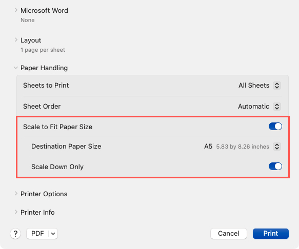 Scale to Fit setting in Word on Mac