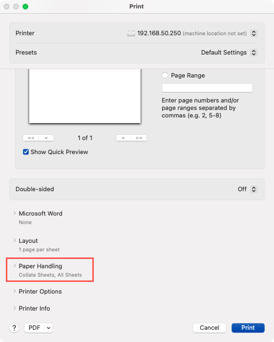 Print settings Paper Handling section in Word on Mac