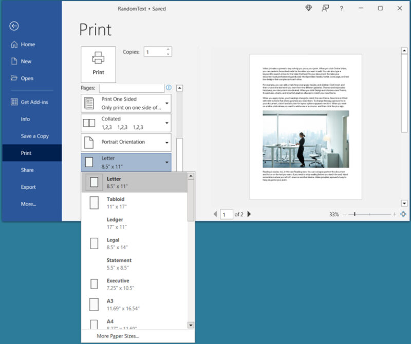 Print settings paper size selection in Word on Windows
