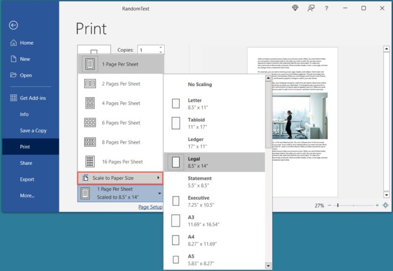 Print settings Scale to Size option in Word on Windows