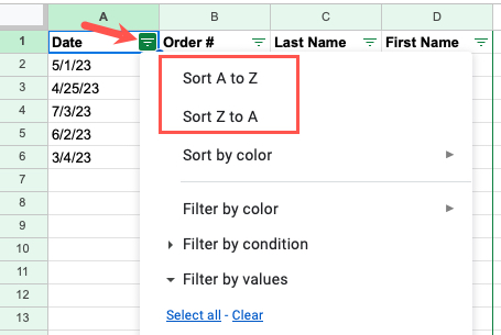 Filter button sort options in Google Sheets