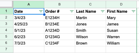 Filter applied and sorted in Google Sheets