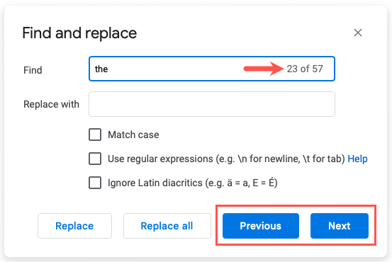 Find and Replace arrows and buttons