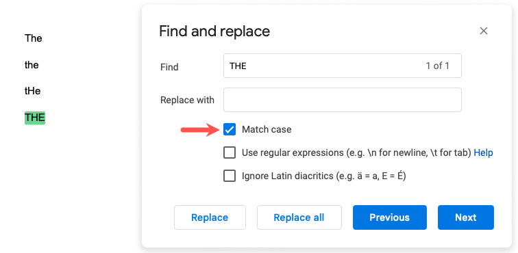 Find and Replace Match Case filter