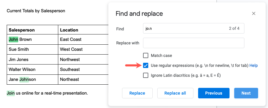 Find and Replace Regular Expression use a period
