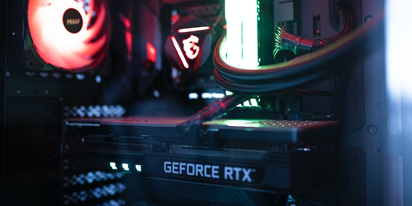 Close up of a graphics card inside a PC with RGB lighting