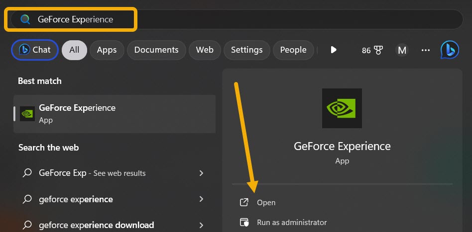 Typing "GeForce Experience" in Windows Search. 