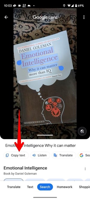 Copying text from photo recently snapped in Google Lens app. 