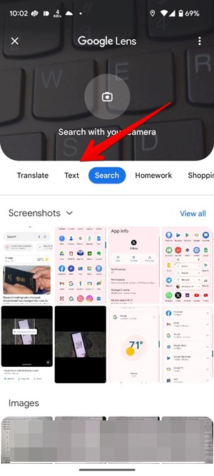 Tapping on "Text" tab in Google Lens app. 