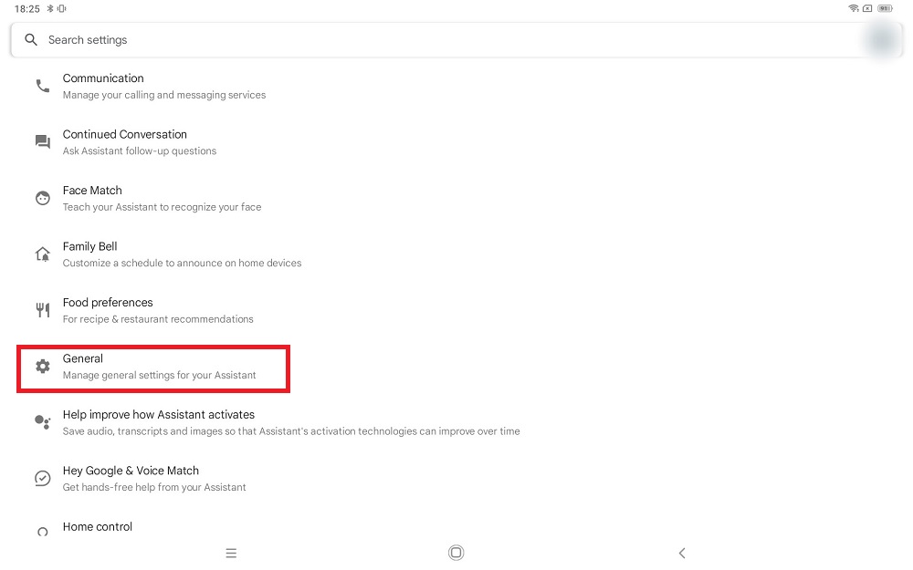 Selecting "General" to view Google Assistant settings in Android tablet.