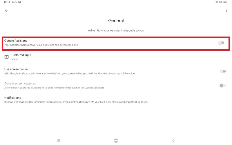 Turning Google Assistant switch off on Android tablet.
